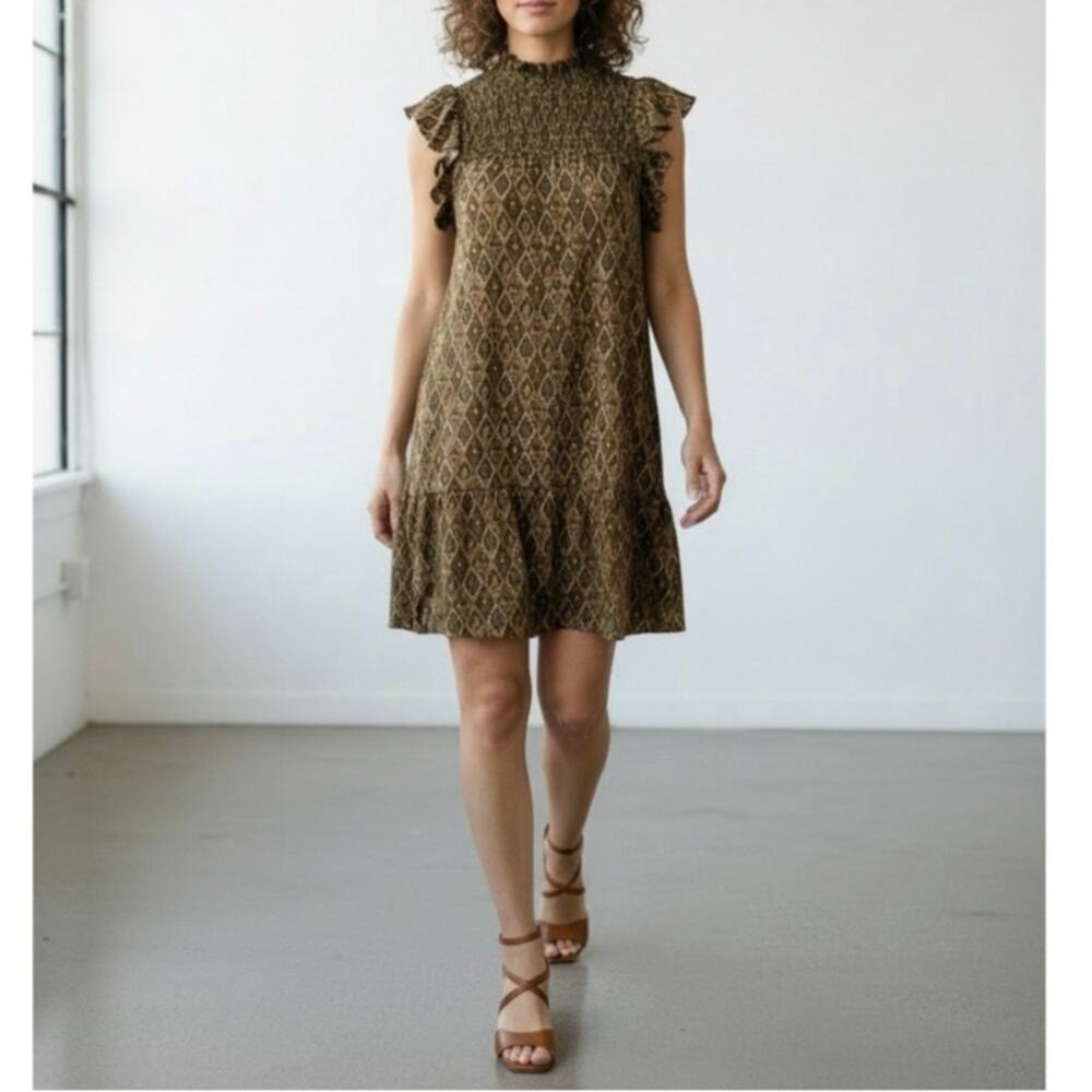 THML Smocked Neck Mini Dress Large A-Line Geometric Paisley Print Boho Retro